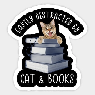 Easily Distracted By Cat & Books Sticker